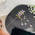 Elegante fermaglio per capelli in lega dorata con mughetto viola e nappe di perle - Viola