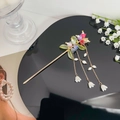 Elegante bacchetta per capelli dorata con fiori di mughetto colorati e catene di nappe - Colorato