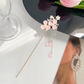 Elegant Chinese style pink plum blossom hair pin with golden tassel and pearls - Pink Plum Blossom
