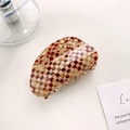 Brown and cream checkered pattern hair claw clip made of glossy acetate material - Semicircle 8.5CM