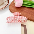 Pince à cheveux à carreaux rose et blanc en acétate pour coiffure élégante - Grande (9.7cm) / Style Incurvé / Rose