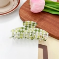 Pince à cheveux en acétate à damier vert et blanc pour chignons élégants - Grande (9.7cm) / Style Incurvé / Vert