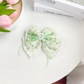 Groen geruite en bloemen chiffon haarelastiek met een kristallen hartversiering - Bloemen Hart Strass Strik Clip