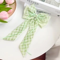 Nœud pour cheveux à carreaux vert clair avec pendentif perle blanche et longs rubans - Pince Nœud Gingham Ruban Perle