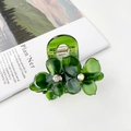Pince à cheveux en acétate vert forêt à double fleur avec cristaux étincelants - M / Vert Foncé