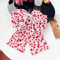 Floral print white bow hair tie with red flower pattern and crystal bead center - Rhinestone Bow