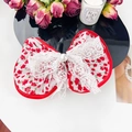 Floral fabric scrunchie with red bow, white lace detail and central pearl accent - Red Edged Hair Clip