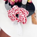 Floral print scrunchie with white lace trim and delicate red flower pattern - Lace Scrunchie