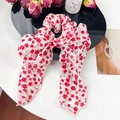 Floral print hair scrunchie with long ribbon bow in red strawberry pattern - Single Layer Ribbon