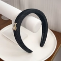 Denim headband featuring a golden bear charm with pearl and crystals for women - Denim Textured Bear Style / Little Bear - Black