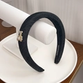 Elegant black denim headband featuring a gold bear with pearl and rhinestone details - Black Bear Style