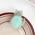 Cute mint green cat hair clip with marble resin head and soft faux fur pom-pom detail - Cyan Cat