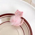 Pink marble acetate cat hair clip with fluffy pom-pom and sparkling rhinestone detail - Pink Cat