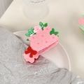 Pink floral acetate hair claw clip with green leaves and a red bow accent - Bouquet Style / Pink Flower