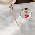 Golden hair pin with red cherry tassel and green leaves for Hanfu styling - Cherry Alloy Hairpin