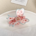 Pink checkered butterfly hair claw clip with red cherry pattern for women - Checkered Cherry Butterfly 7.4cm (A645)