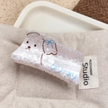 Acetate hair claw clip with white marble texture and cartoon bear illustration - Blue Bow Dog