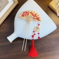 Traditional fan-shaped golden hairpin with red plum blossoms and silk tassels - Red