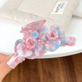 Pince à cheveux en acétate marbré rose et bleu avec motif floral de roses - Bleu Pâle