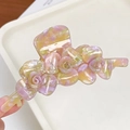 Pinza per capelli in acetato con rose 3D multicolore in rosa, viola e tonalità verdi - Giallo Verde Floreale