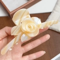 Elegant ivory marble acetate flower hair claw clip with 3D rose design for women - Iridescent Yellow