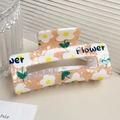 Pince à cheveux carrée orange translucide avec motif marguerite blanche et texte Flower - Jaune clair