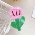Pink tulip acetate hair clip with green leaves and a smooth polished finish - Tulip