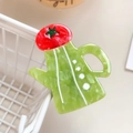 Cartoon watering can hair clip in green marble acetate with red star and white dots - Green Cactus