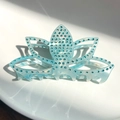 Elegant light blue lotus hair claw clip with rhinestones and pearlescent acetate finish - Indigo Blue