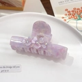 Elegant purple acetate hair claw clip with 3D marble flowers and rhinestones - 10cm / Purple