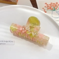 Pink and green marble acetate hair claw clip with floral rhinestones on white tray - 10cm / Yellow-Pink