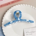 Große Haarklammer mit blauem Denim-Muster, weißen Herzen und Lucky-Schriftzug - Herz Gerade (A945)