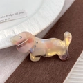 Dackel-Haarspange aus marmoriertem Acetat in Pink und Gelb mit glitzernden Strasssteinen - 6.5cm / Metallrot