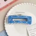 Rechteckige Haarklammer mit blauem Denim-Muster, weißem Music-Schriftzug und Noten - Schleife Eckig (A945)