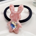 Pink cartoon rabbit hair tie with marble texture resin and iridescent heart crystal - Gem Pink