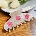 Elegant white shark hair claw clip with pink floral accents and sparkling rhinestones - Berry Red