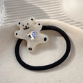 Cute Korean style hair tie featuring a cream bear charm with a heart-shaped crystal - Off White