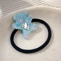 Cute light blue bear hair tie with pink polka dots and heart crystal on black elastic - Blue