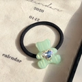 Mint green acetate bear hair tie with sparkling heart crystal and elastic black rope - Fluorescent Cyan