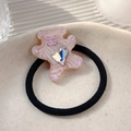 Elastic hair tie with pink cartoon bear charm and heart-shaped crystal accent - Pink