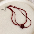 Elegant vintage French double-layered red rose necklace with faceted beaded choker design - Burgundy