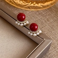 Elegant red bead stud earrings with gold fan-shaped pearl accents and crystals - Vintage Red & Pearl Style