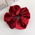 Detail of dark red satin scrunchie with embossed rose floral texture on white background - Wine Red Embossed Rose Satin Style (27104C)