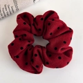 Close-up of red oversized scrunchie with black polka dots and soft velvet texture - Red Flocking Black Polka Dot Style (27755E)