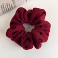 Detailed close-up of dark red wool scrunchie with black polka dots and embroidery - Wine Red Woolen Black Large Polka Dot Style (27755F)