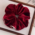 Detail van bordeauxrode fluwelen scrunchie met ivoren bies en zachte haartextuur - Rood