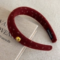 Detail view of retro wine red plush headband with gold label and handmade woven tag - Gold Thread Bow (27878D)