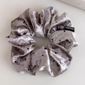 Detail of silver grey velvet scrunchie with black polka dots and handmade textile label - Gray Large