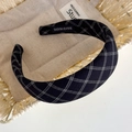 Detail view of handmade black plaid headband with classic white grid fabric texture - Black Large Plaid
