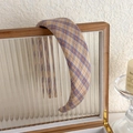 Retro cream plaid padded headband displayed on a vintage wooden storage box with glass - Dark Yellow Plaid (27928E)